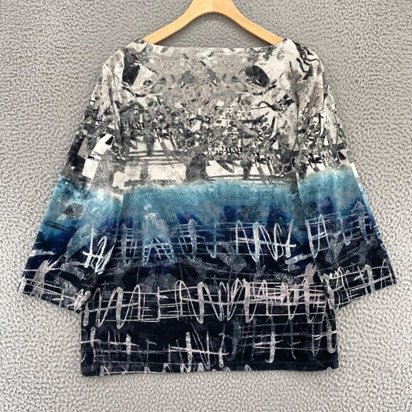 Chicos Top Womens 1 US 8 Blue Abstract Art Velvet 3/4 Sleeves Pullover Stretch - Picture 3 of 9